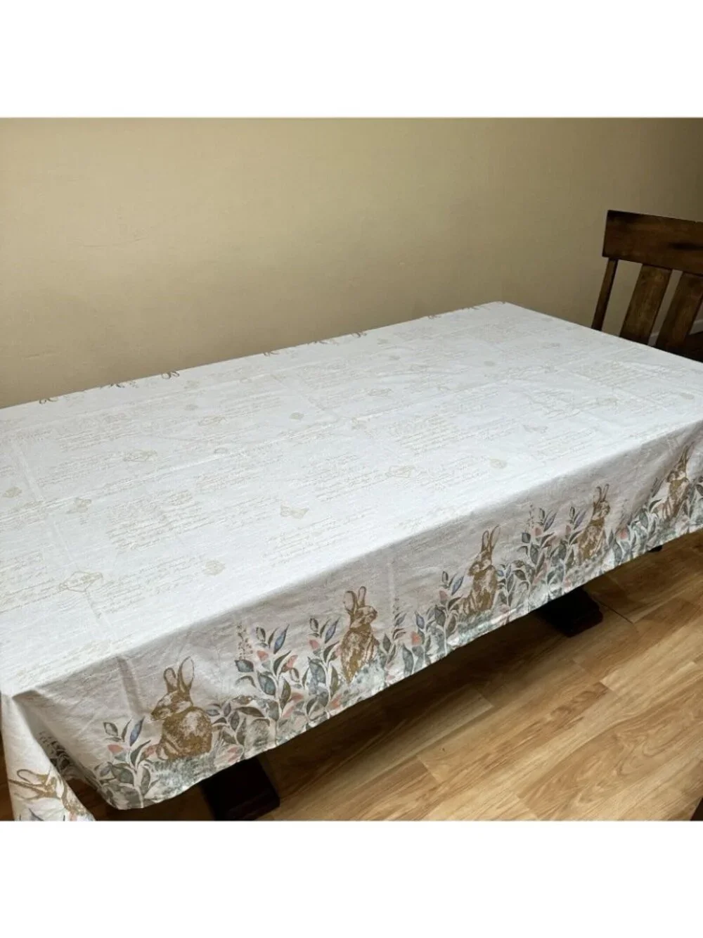 Nicole Miller EASTER Tablecloth Bunny Rabbit Spring Flower Script Cotton 60x104